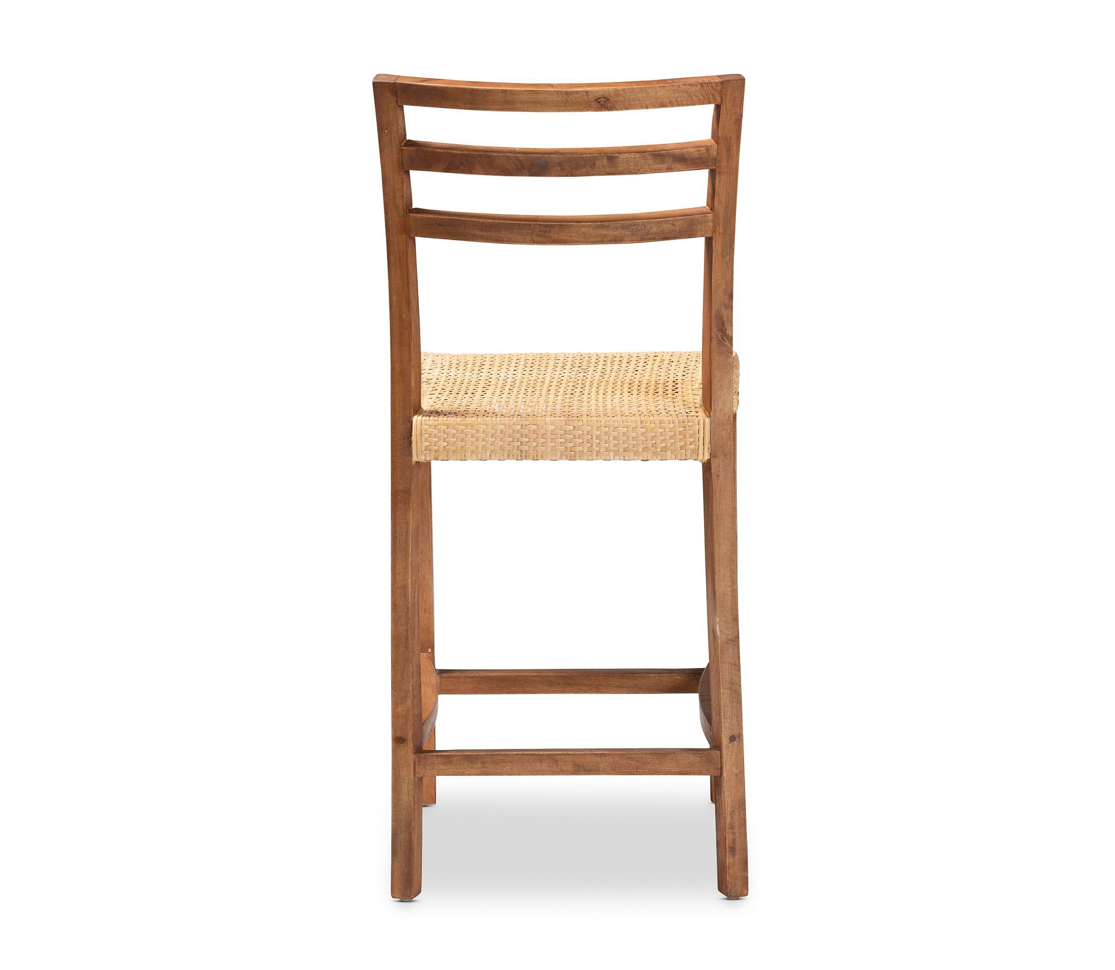 Arthur Mid-Century Modern Walnut Brown Mahogany Wood and Natural Rattan Counter Stool