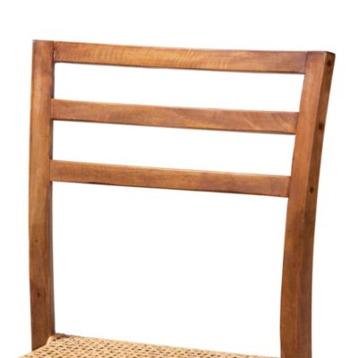 Arthur Mid-Century Modern Walnut Brown Mahogany Wood and Natural Rattan Counter Stool