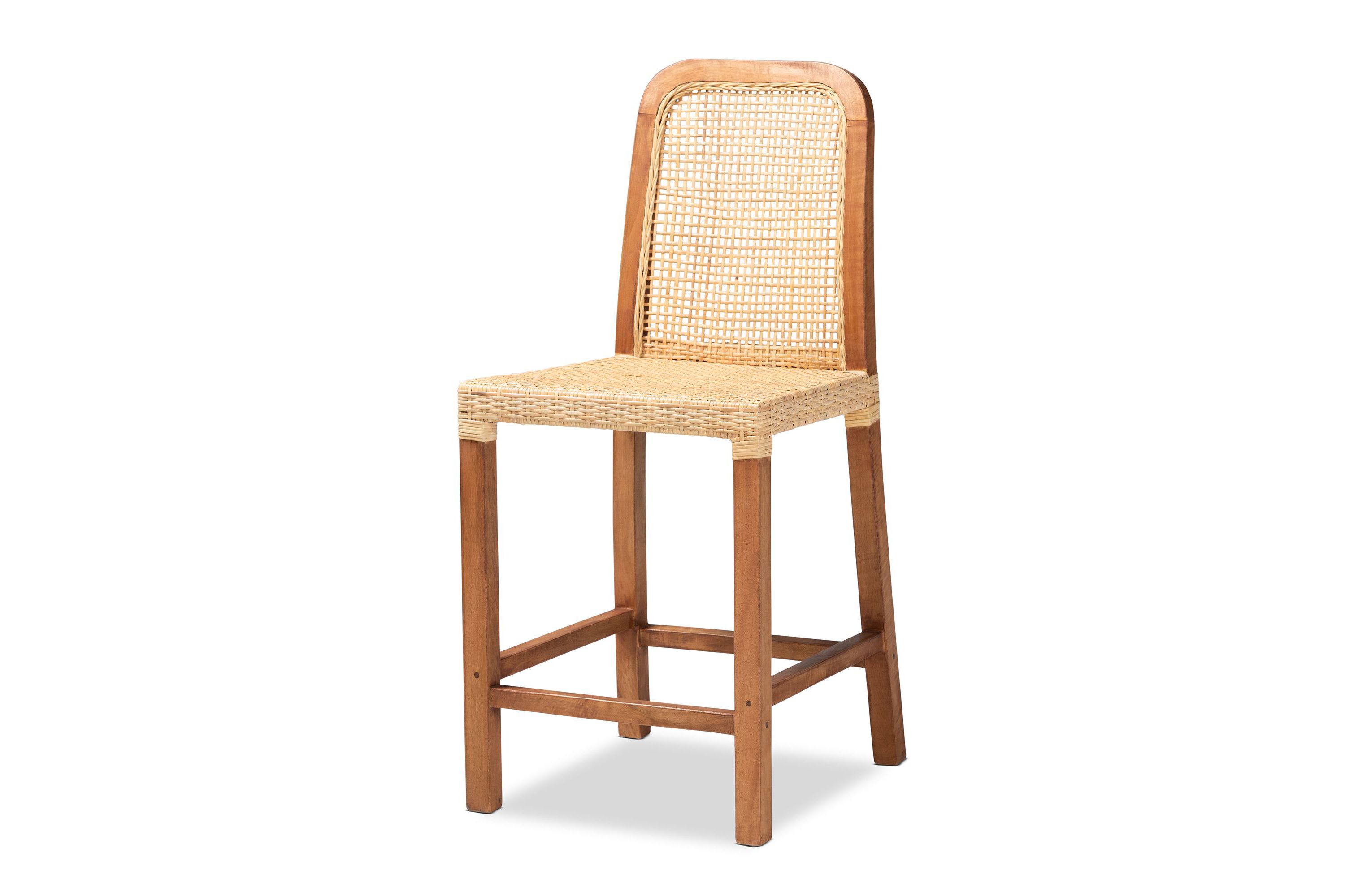 Caspia Mid-Century Modern Walnut Brown Mahogany Wood and Natural Rattan Counter Stool