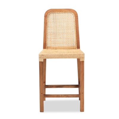 Caspia Mid-Century Modern Walnut Brown Mahogany Wood and Natural Rattan Counter Stool