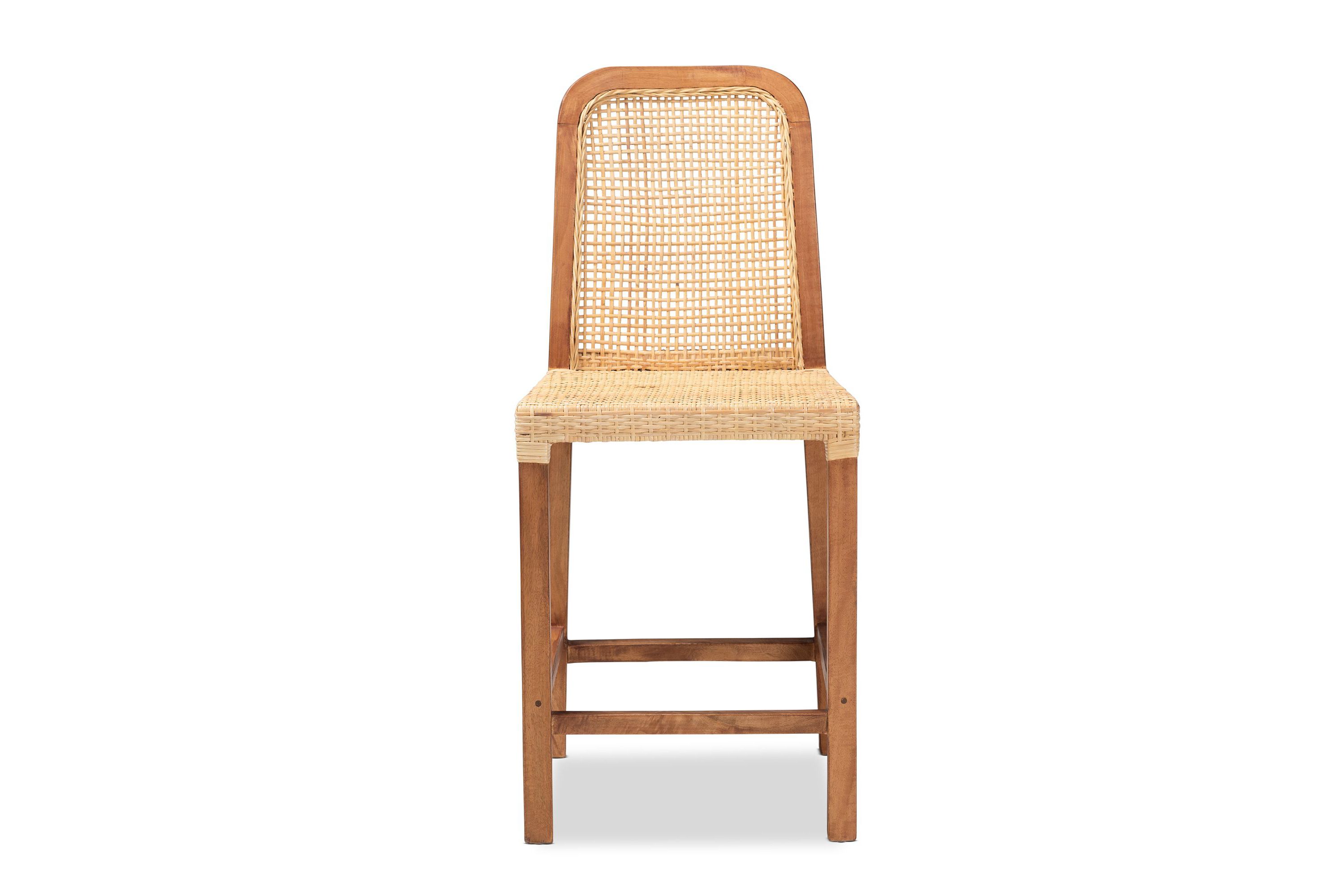 Caspia Mid-Century Modern Walnut Brown Mahogany Wood and Natural Rattan Counter Stool