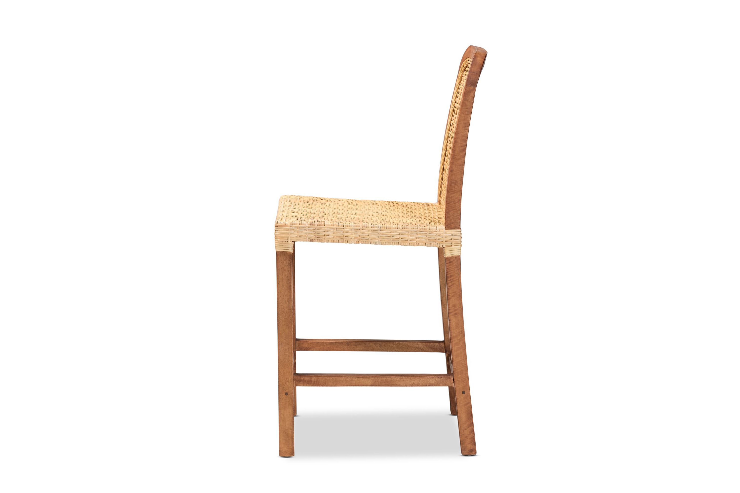 Caspia Mid-Century Modern Walnut Brown Mahogany Wood and Natural Rattan Counter Stool