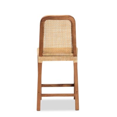 Caspia Mid-Century Modern Walnut Brown Mahogany Wood and Natural Rattan Counter Stool