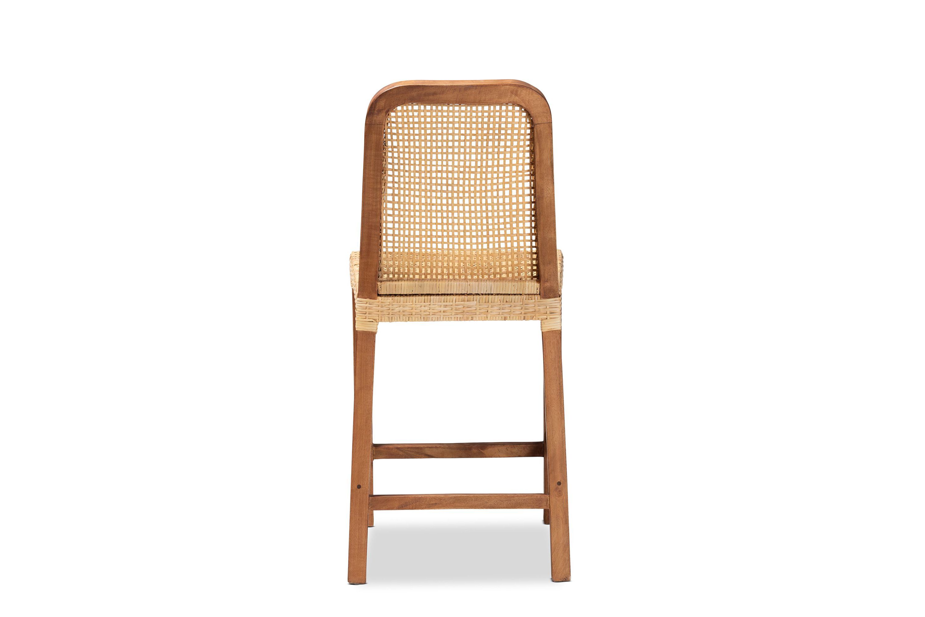 Caspia Mid-Century Modern Walnut Brown Mahogany Wood and Natural Rattan Counter Stool