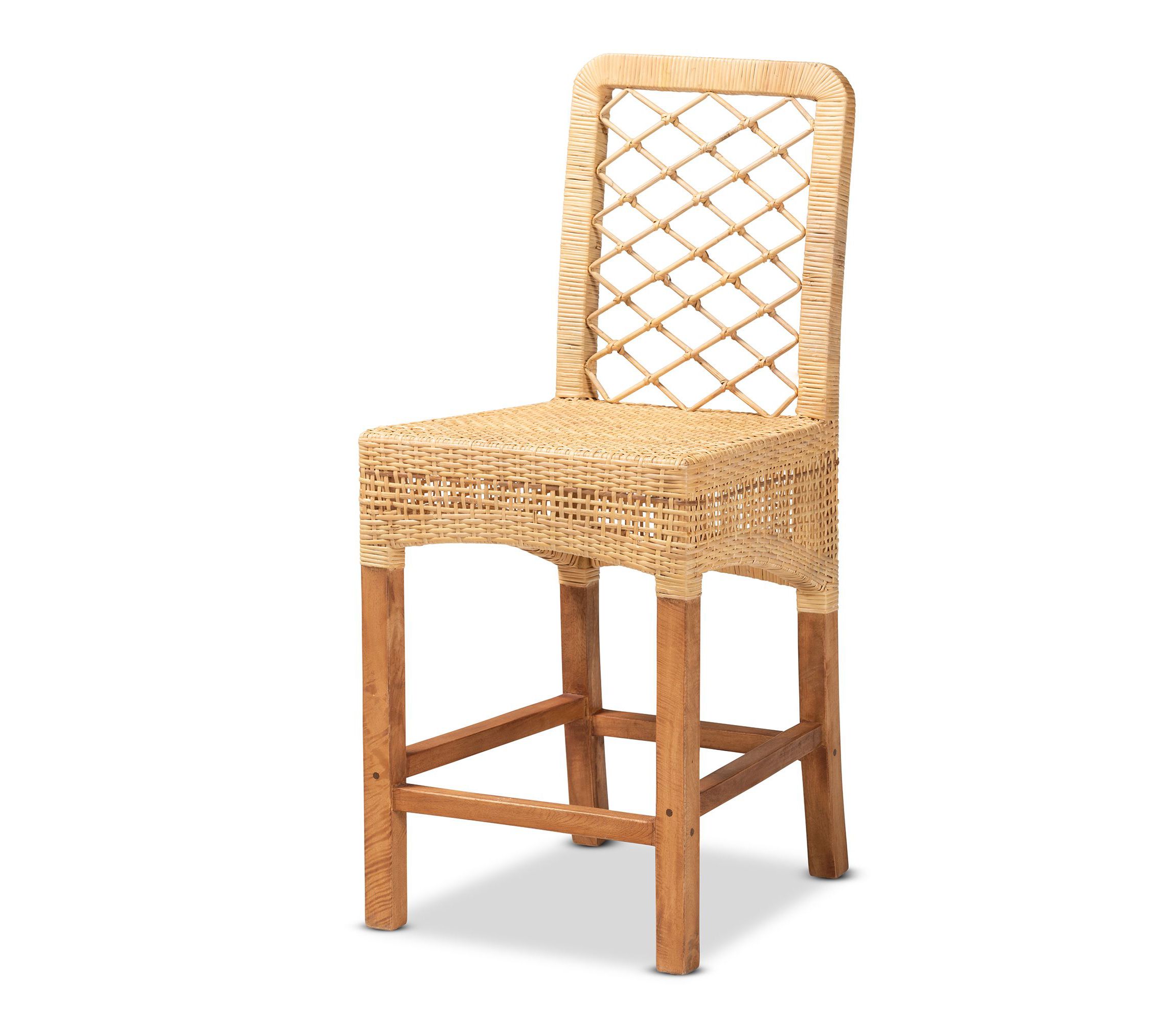 Moscow Modern Bohemian Natural Brown Rattan and Walnut Brown Mahogany Wood Counter Stool