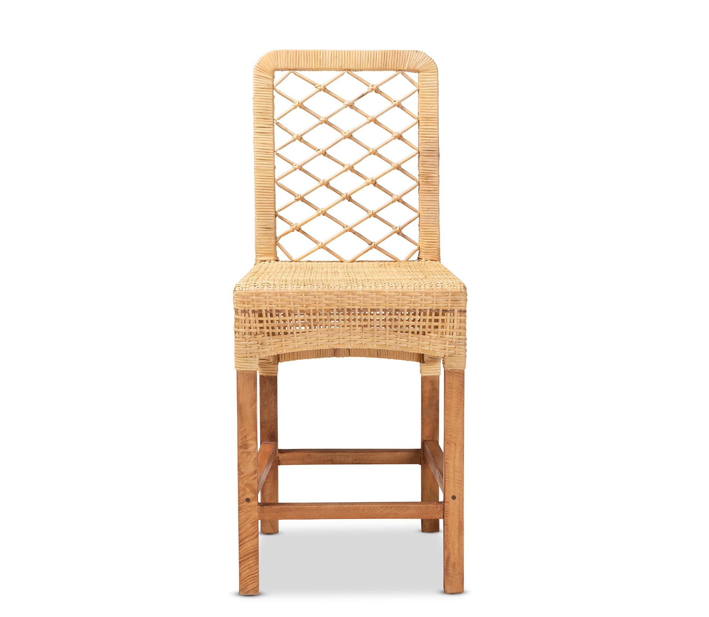 Moscow Modern Bohemian Natural Brown Rattan and Walnut Brown Mahogany Wood Counter Stool