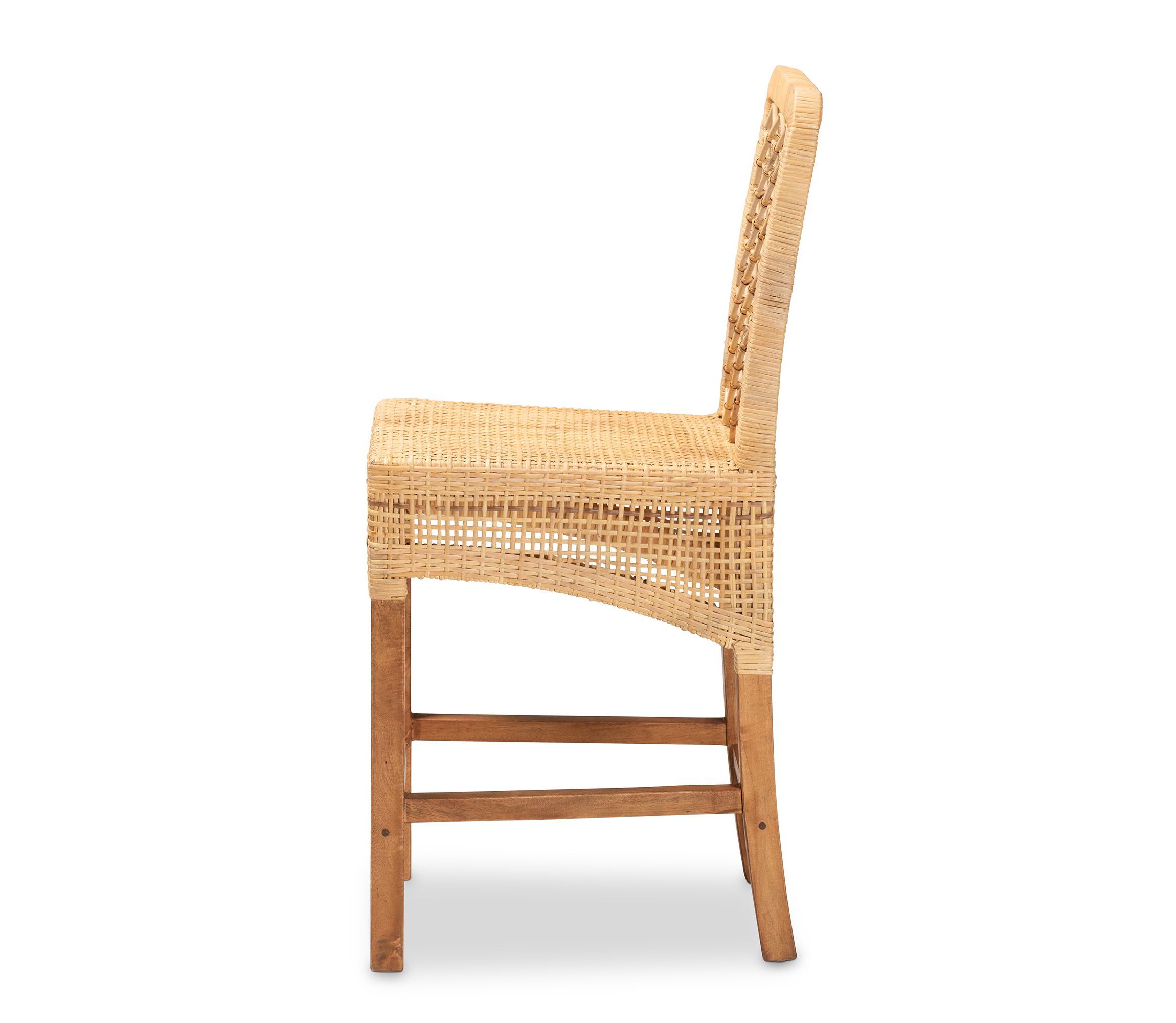 Moscow Modern Bohemian Natural Brown Rattan and Walnut Brown Mahogany Wood Counter Stool