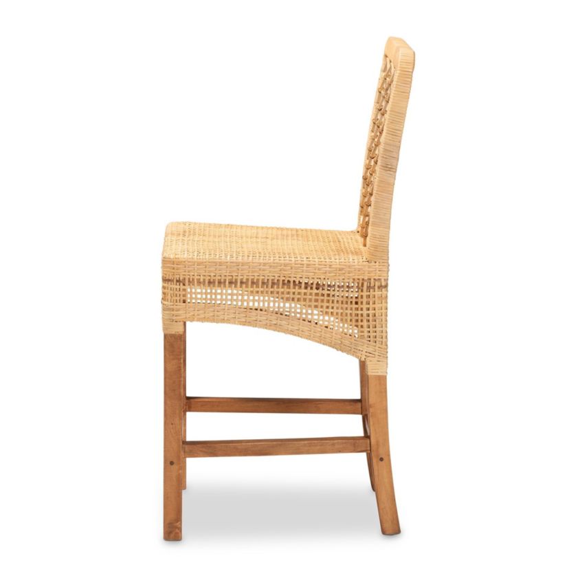 Moscow Modern Bohemian Natural Brown Rattan and Walnut Brown Mahogany Wood Counter Stool