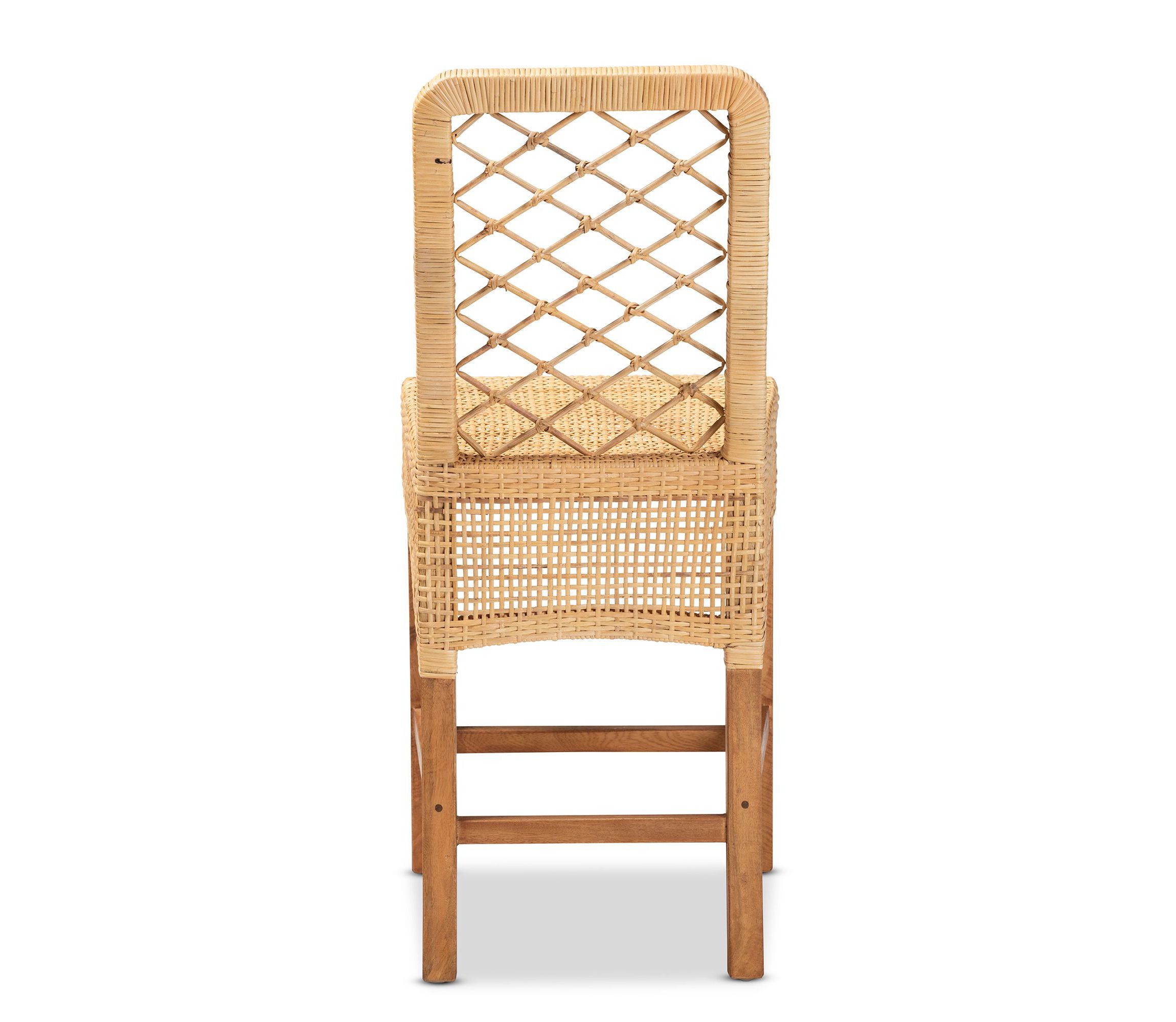 Moscow Modern Bohemian Natural Brown Rattan and Walnut Brown Mahogany Wood Counter Stool