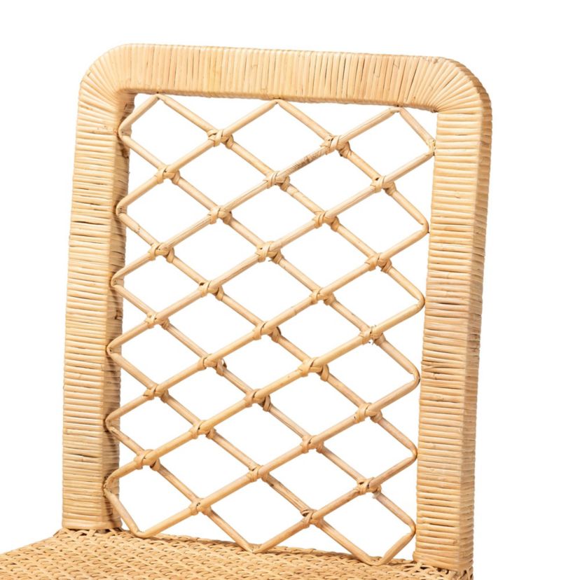 Moscow Modern Bohemian Natural Brown Rattan and Walnut Brown Mahogany Wood Counter Stool
