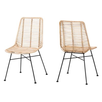 Manhattan Modern Bohemian Natural Brown Rattan and Black Metal 2-Piece Dining Chair Set