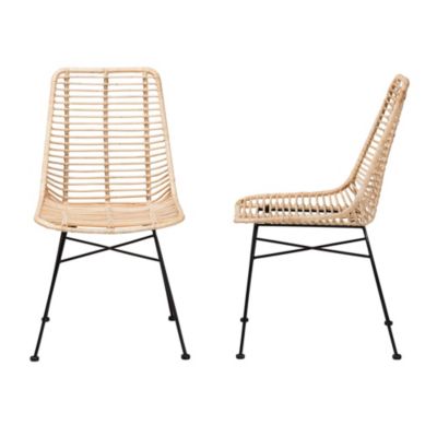 Manhattan Modern Bohemian Natural Brown Rattan and Black Metal 2-Piece Dining Chair Set