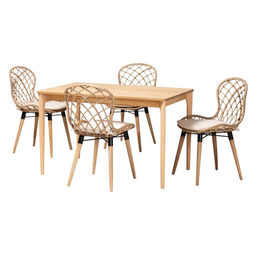 Sabelle Modern Bohemian Greywashed Rattan and Natural Brown Finished Wood 5-Piece Dining Set