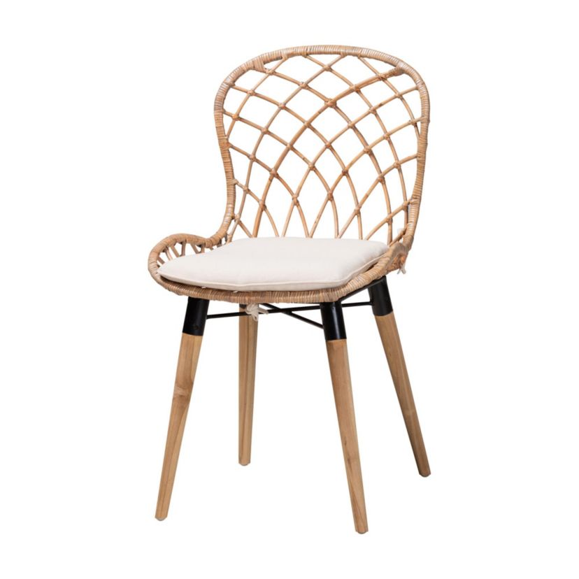 Sabelle Modern Bohemian Greywashed Rattan and Natural Brown Finished Wood 5-Piece Dining Set