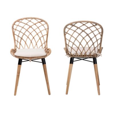 Sabelle Modern Bohemian Natural Brown Finished Teak Wood and Greywashed Rattan 2-Piece Dining Chair Set