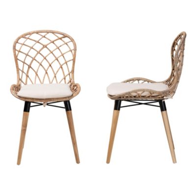 Sabelle Modern Bohemian Natural Brown Finished Teak Wood and Greywashed Rattan 2-Piece Dining Chair Set