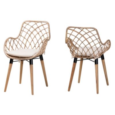 Ballerina Modern Bohemian Natural Brown Finished Teak Wood and Greywashed Rattan 2-Piece Dining Chair Set