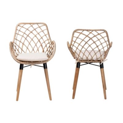 Ballerina Modern Bohemian Natural Brown Finished Teak Wood and Greywashed Rattan 2-Piece Dining Chair Set