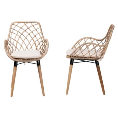 Ballerina Modern Bohemian Natural Brown Finished Teak Wood and Greywashed Rattan 2-Piece Dining Chair Set