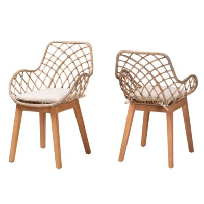 Ballerina Modern Bohemian Greywashed Rattan and Natural Brown Finished Wood 2-Piece Dining Chair Set