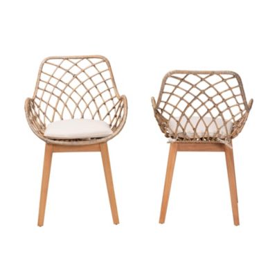 Ballerina Modern Bohemian Greywashed Rattan and Natural Brown Finished Wood 2-Piece Dining Chair Set