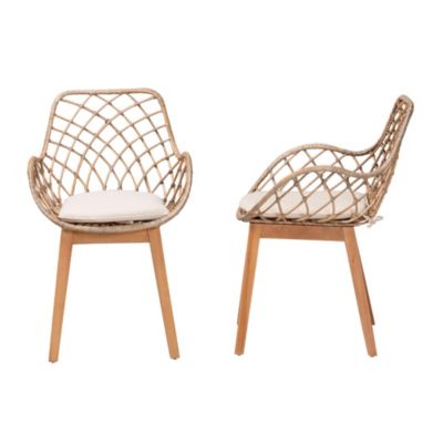 Ballerina Modern Bohemian Greywashed Rattan and Natural Brown Finished Wood 2-Piece Dining Chair Set