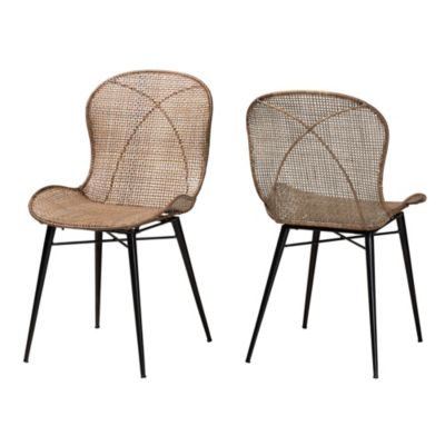 Sabelle Japandi Greywashed Rattan and Black Metal 2-Piece Dining Chair Set