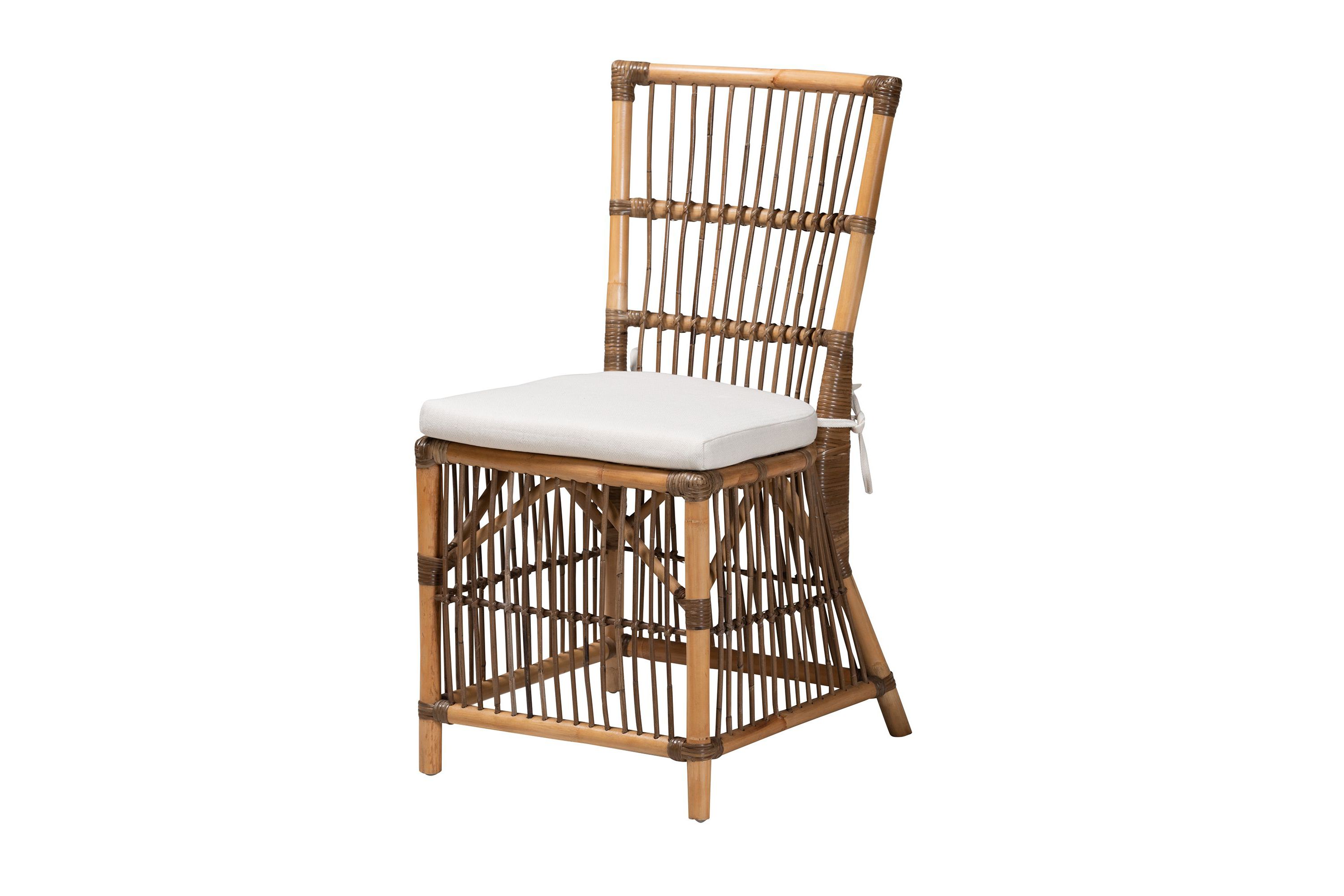 Kim Modern Bohemian White Fabric and Natural Brown Rattan Dining Chairs