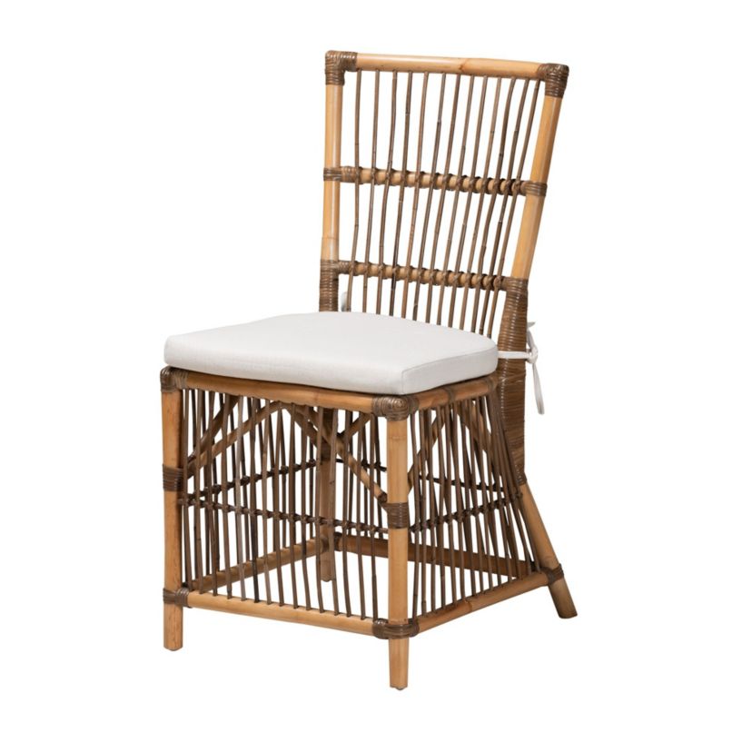 Kim Modern Bohemian White Fabric and Natural Brown Rattan Dining Chairs