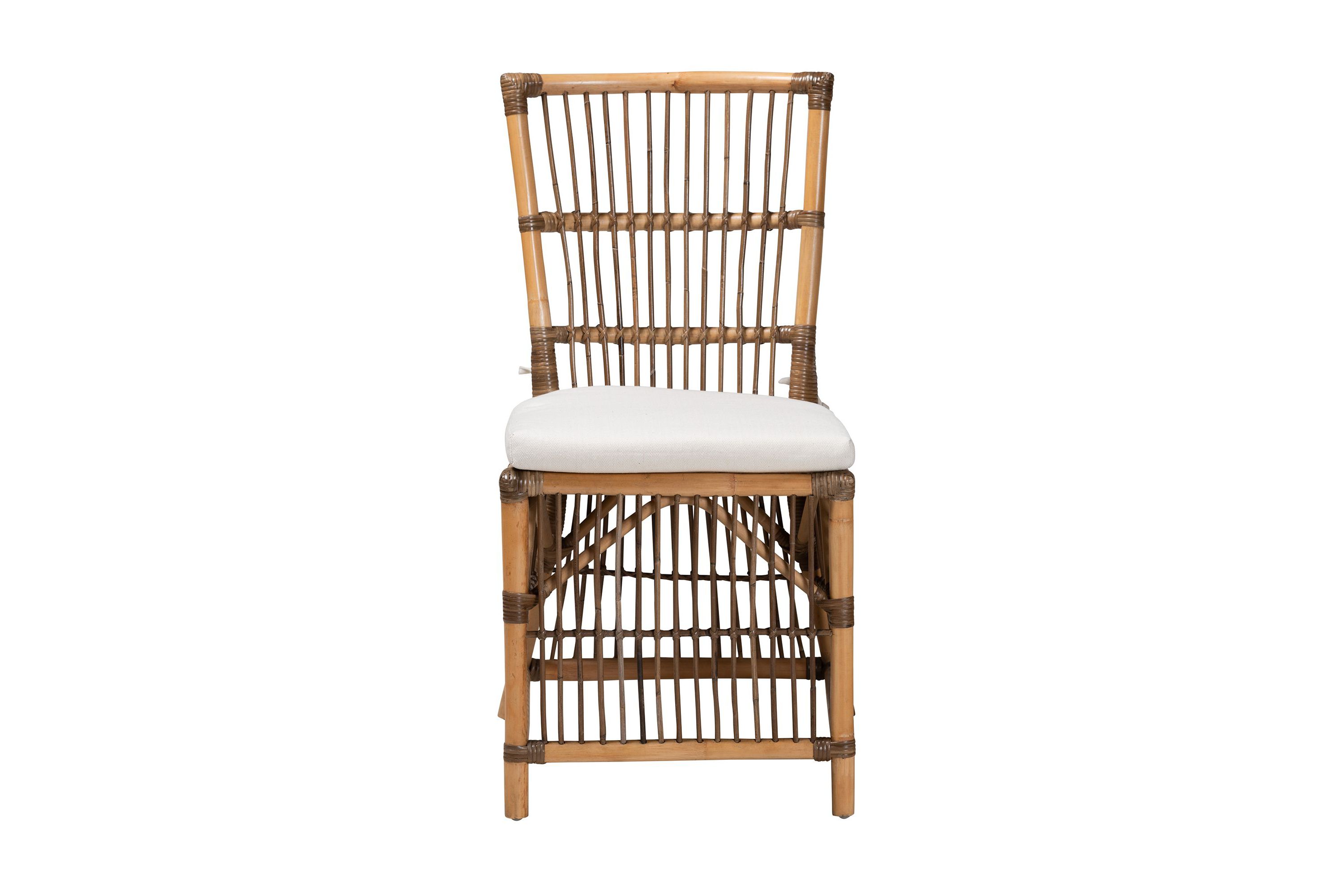 Kim Modern Bohemian White Fabric and Natural Brown Rattan Dining Chairs