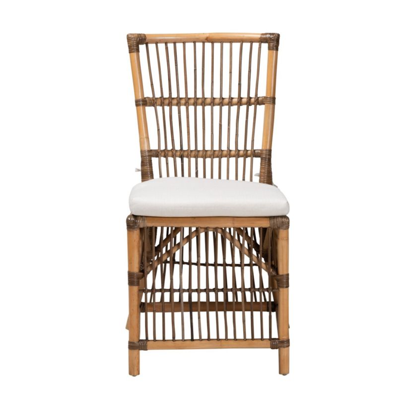 Kim Modern Bohemian White Fabric and Natural Brown Rattan Dining Chairs