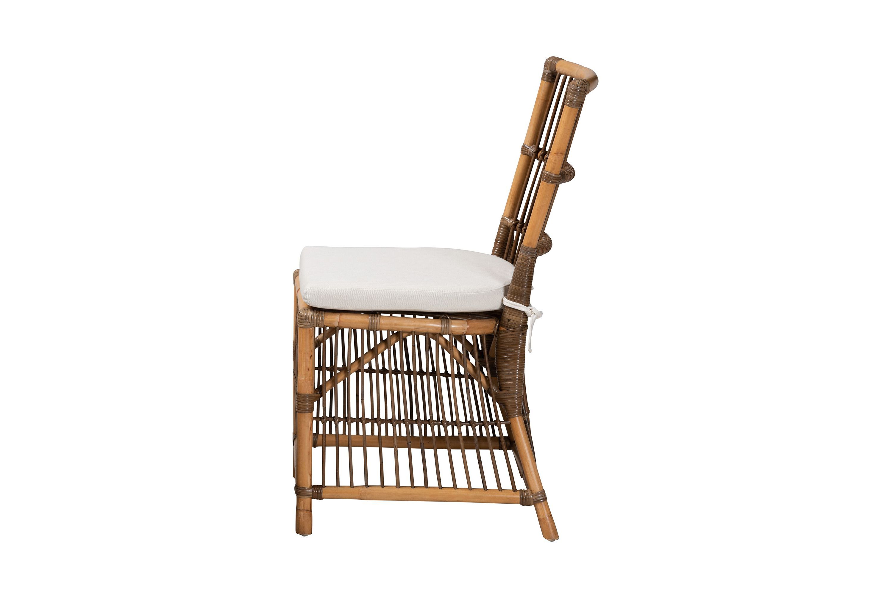 Kim Modern Bohemian White Fabric and Natural Brown Rattan Dining Chairs