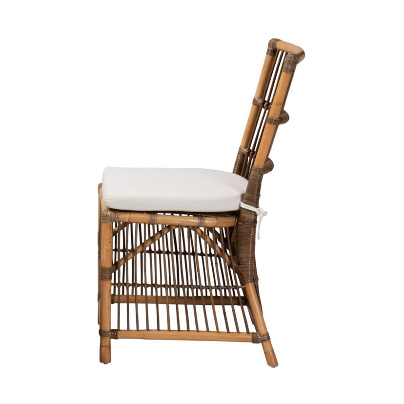Kim Modern Bohemian White Fabric and Natural Brown Rattan Dining Chairs