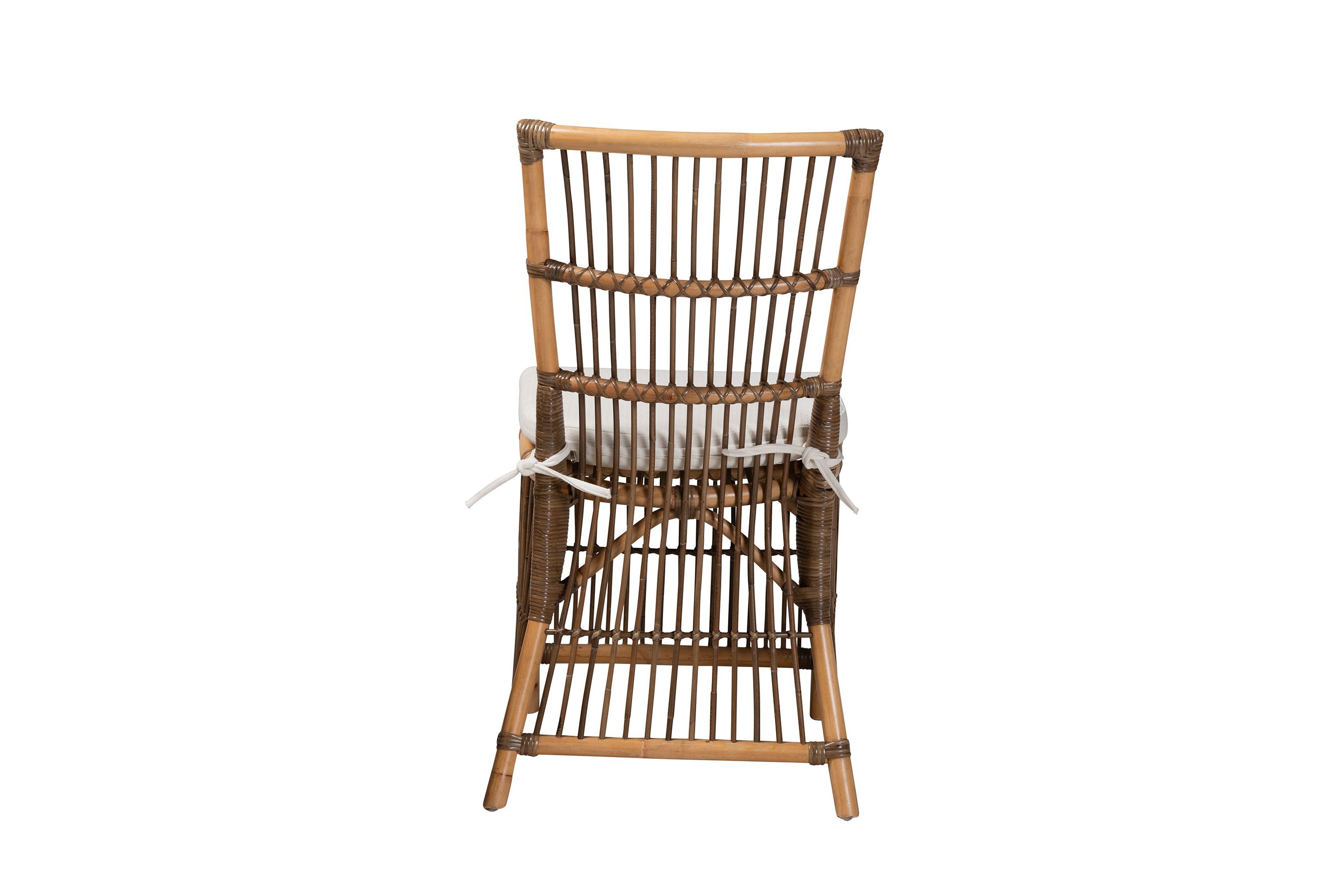 Kim Modern Bohemian White Fabric and Natural Brown Rattan Dining Chairs