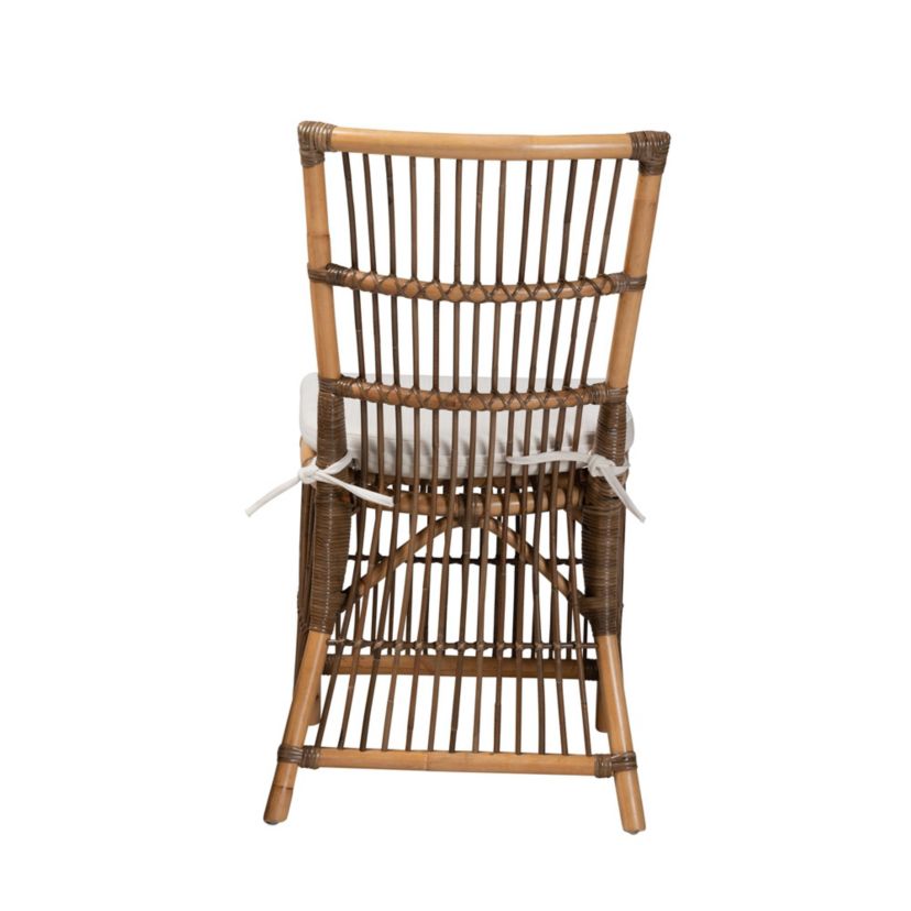 Kim Modern Bohemian White Fabric and Natural Brown Rattan Dining Chairs