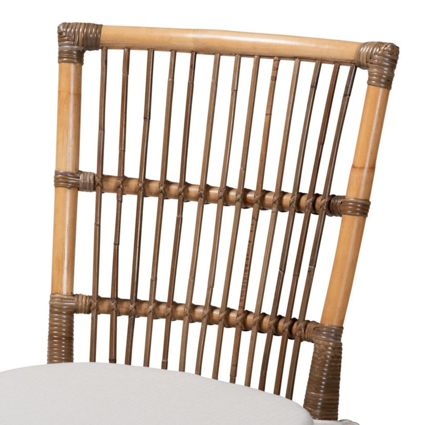 Kim Modern Bohemian White Fabric and Natural Brown Rattan Dining Chairs