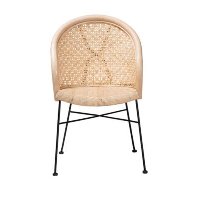 Lisa Modern Bohemian Natural Brown Rattan and Black Metal Dining Chair