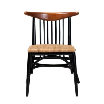 Parthenia Mid-Century Modern Two-Tone Black and Walnut Brown Finished Mahogany Wood and Natural Rattan Dining Chairs