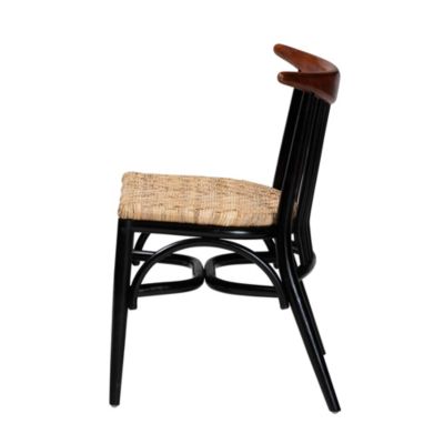 Parthenia Mid-Century Modern Two-Tone Black and Walnut Brown Finished Mahogany Wood and Natural Rattan Dining Chairs