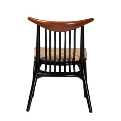 Parthenia Mid-Century Modern Two-Tone Black and Walnut Brown Finished Mahogany Wood and Natural Rattan Dining Chairs