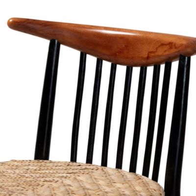 Parthenia Mid-Century Modern Two-Tone Black and Walnut Brown Finished Mahogany Wood and Natural Rattan Dining Chairs