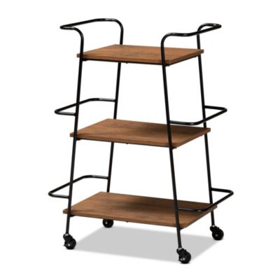 Bernard Rustic Industrial Black Metal and Walnut Finished Wood 3-Tier Small Mobile Wine Bar Cart