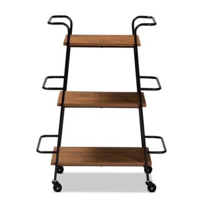 Bernard Rustic Industrial Black Metal and Walnut Finished Wood 3-Tier Small Mobile Wine Bar Cart
