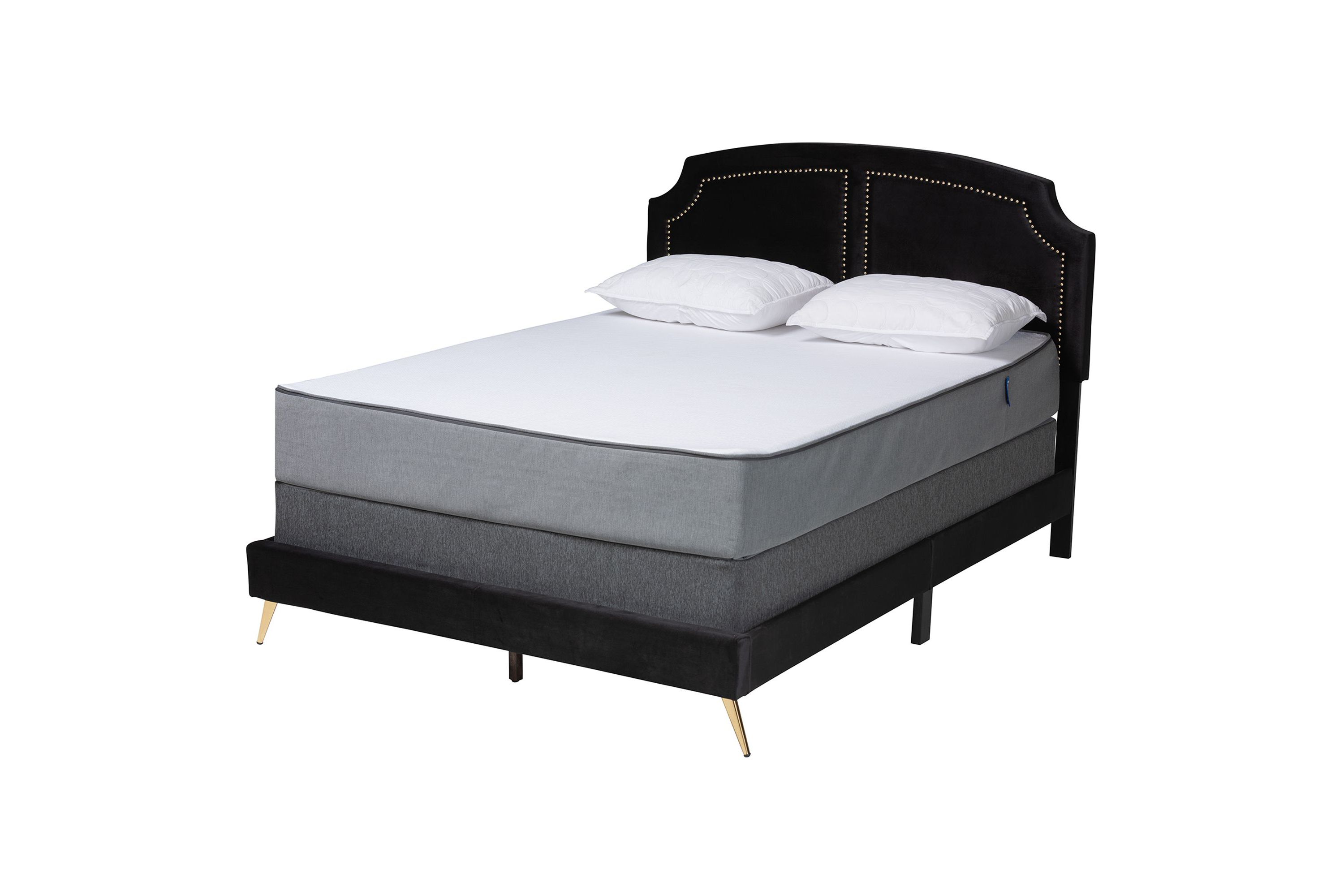 Oxley Traditional Glam and Luxe Black Velvet and Gold Metal Queen Size Panel Bed