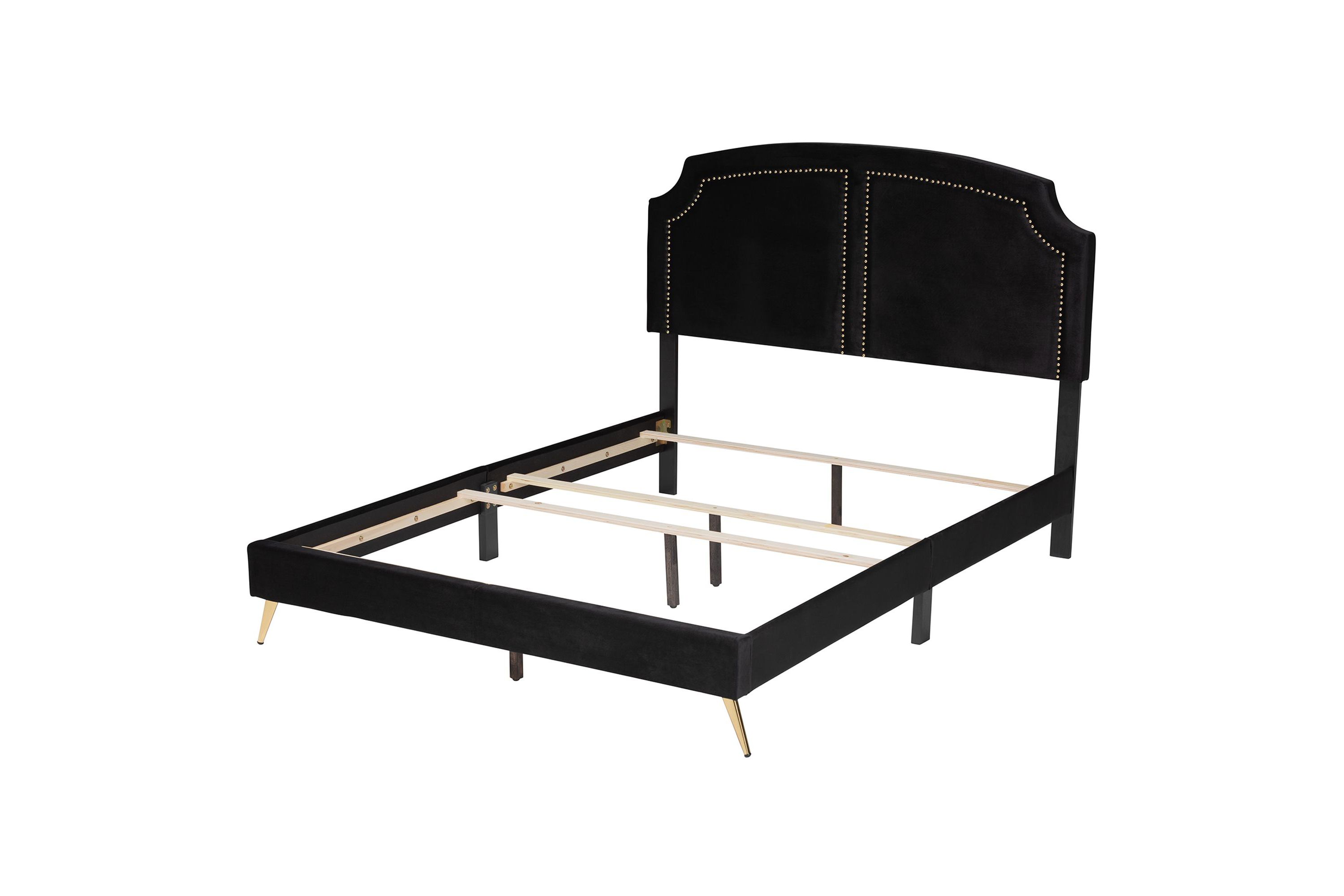 Oxley Traditional Glam and Luxe Black Velvet and Gold Metal Queen Size Panel Bed