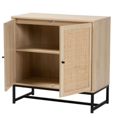 Caterina Mid-Century Modern Transitional Natural Brown Finished Wood and Natural Rattan 2-Door Storage Cabinet