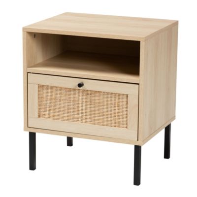 Caterina Mid-Century Modern Transitional Natural Brown Finished Wood and Natural Rattan 1-Door End Table