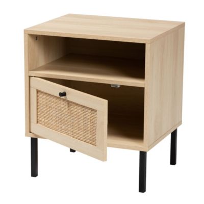 Caterina Mid-Century Modern Transitional Natural Brown Finished Wood and Natural Rattan 1-Door End Table