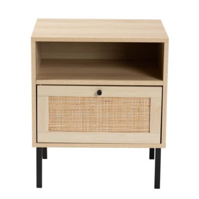 Caterina Mid-Century Modern Transitional Natural Brown Finished Wood and Natural Rattan 1-Door End Table