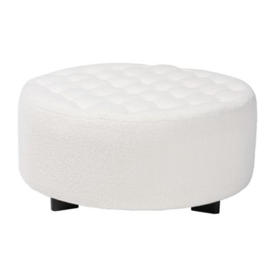 Athena Modern and Contemporary Ivory Boucle Upholstered and Black Finished Wood Round Ottoman